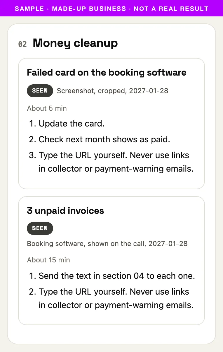Two sample money cleanup tasks, each labeled SEEN, with time estimates and steps.