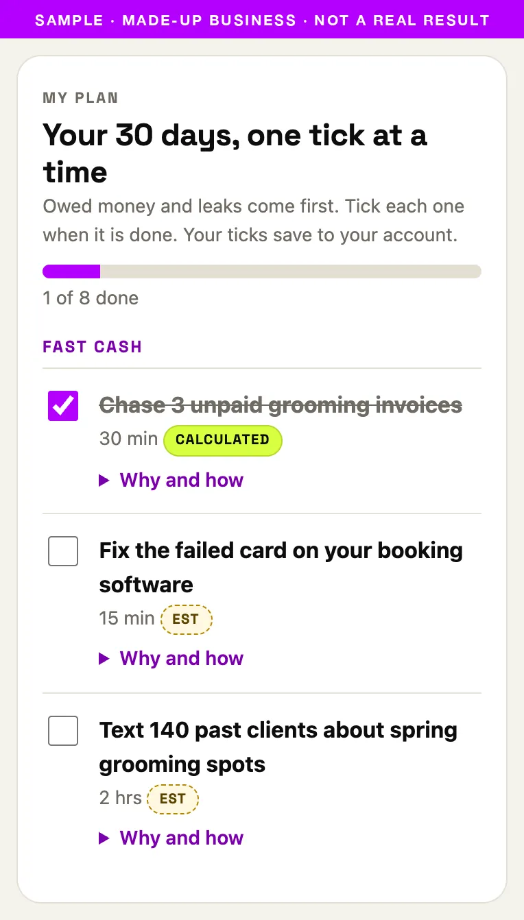 Sample 30-day checklist with a progress bar and three Fast cash tasks, the first one ticked off.