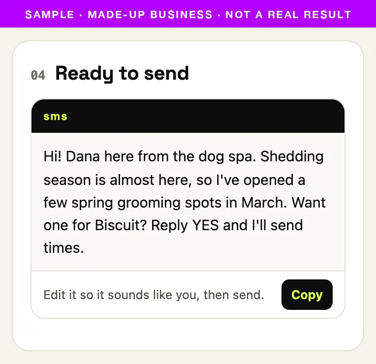 Sample ready-to-send text message with a Copy button.