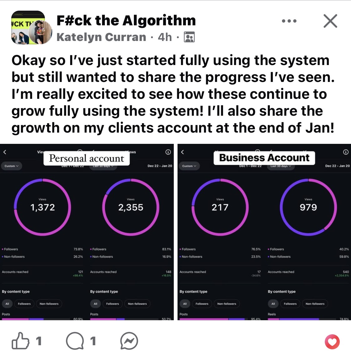 Katelyn's community post: personal + business account stats both growing rapidly after fully starting to use the FTA system